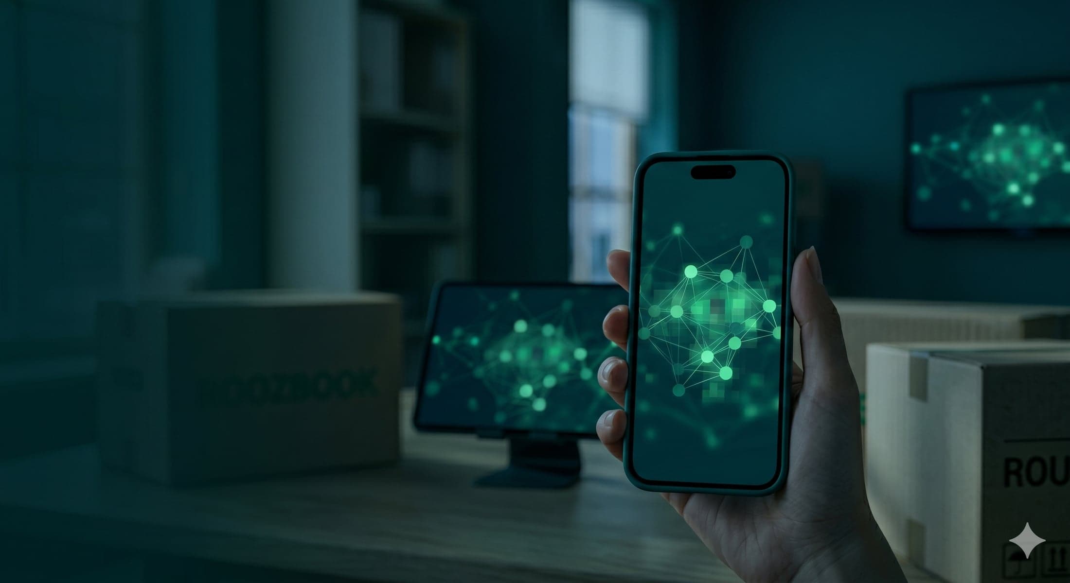 A hand holding a phone showing a glowing AI network visualization, mirrored on a desktop monitor and wall screen beside RoozBook boxes in a dim office