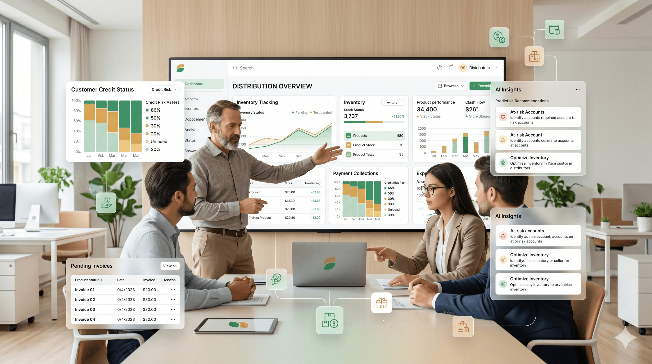 A distribution team reviewing the RoozBook dashboard on a wall screen