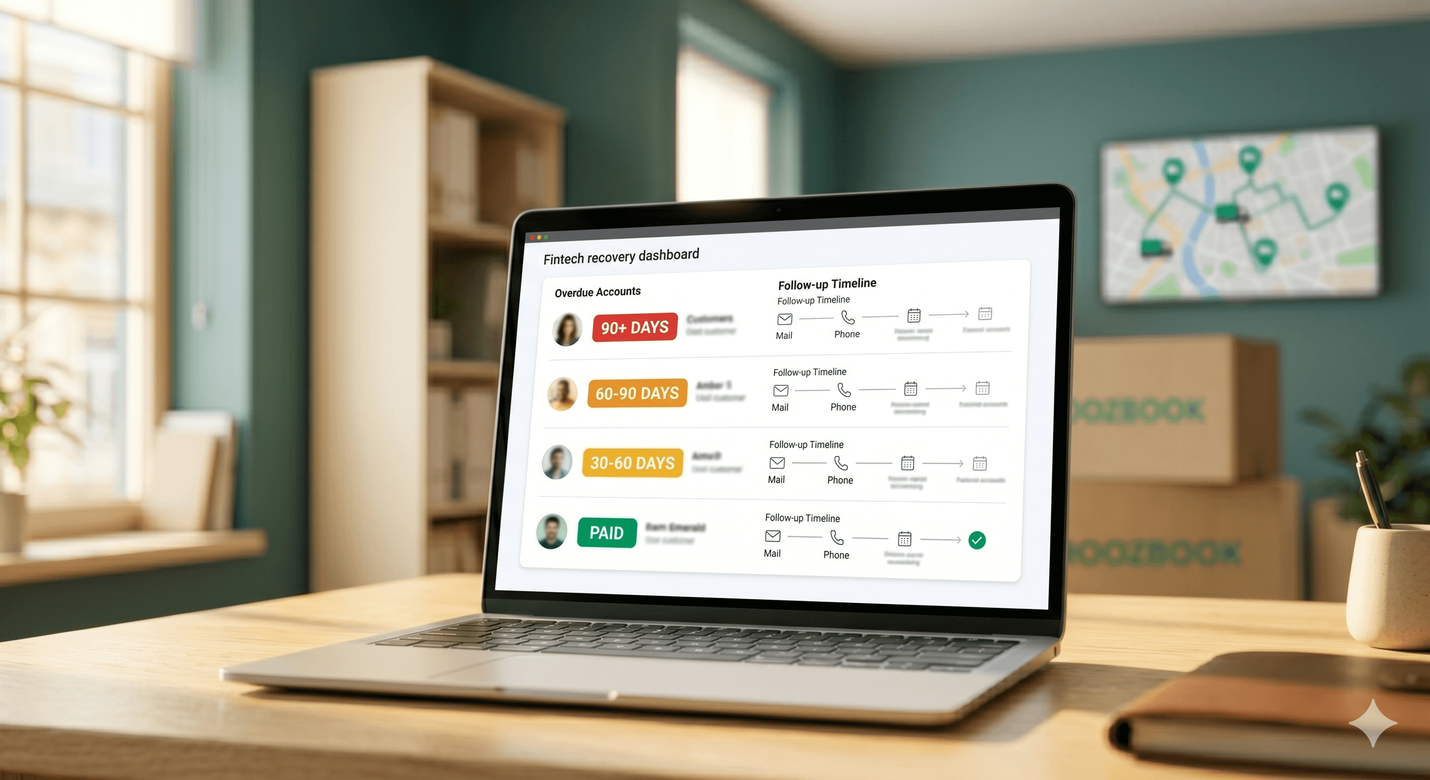 RoozBook recovery dashboard with aging buckets and follow-up timelines