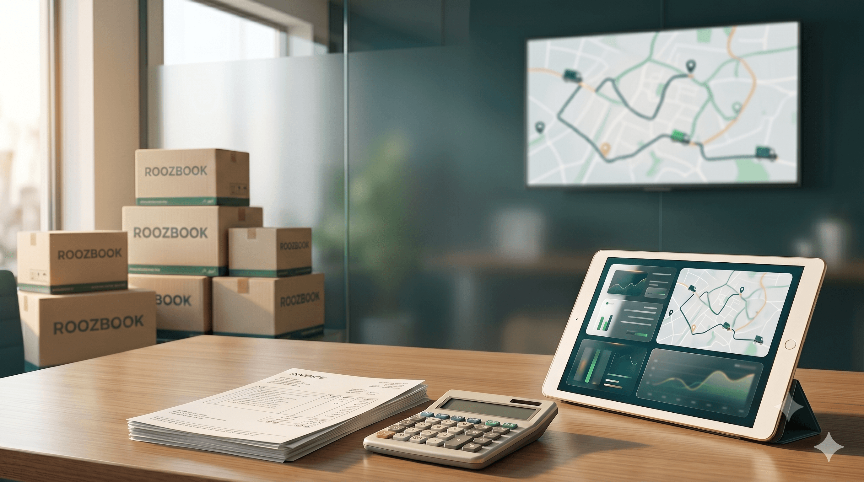 RoozBook boxes and a tablet showing a route dashboard on a warm office desk