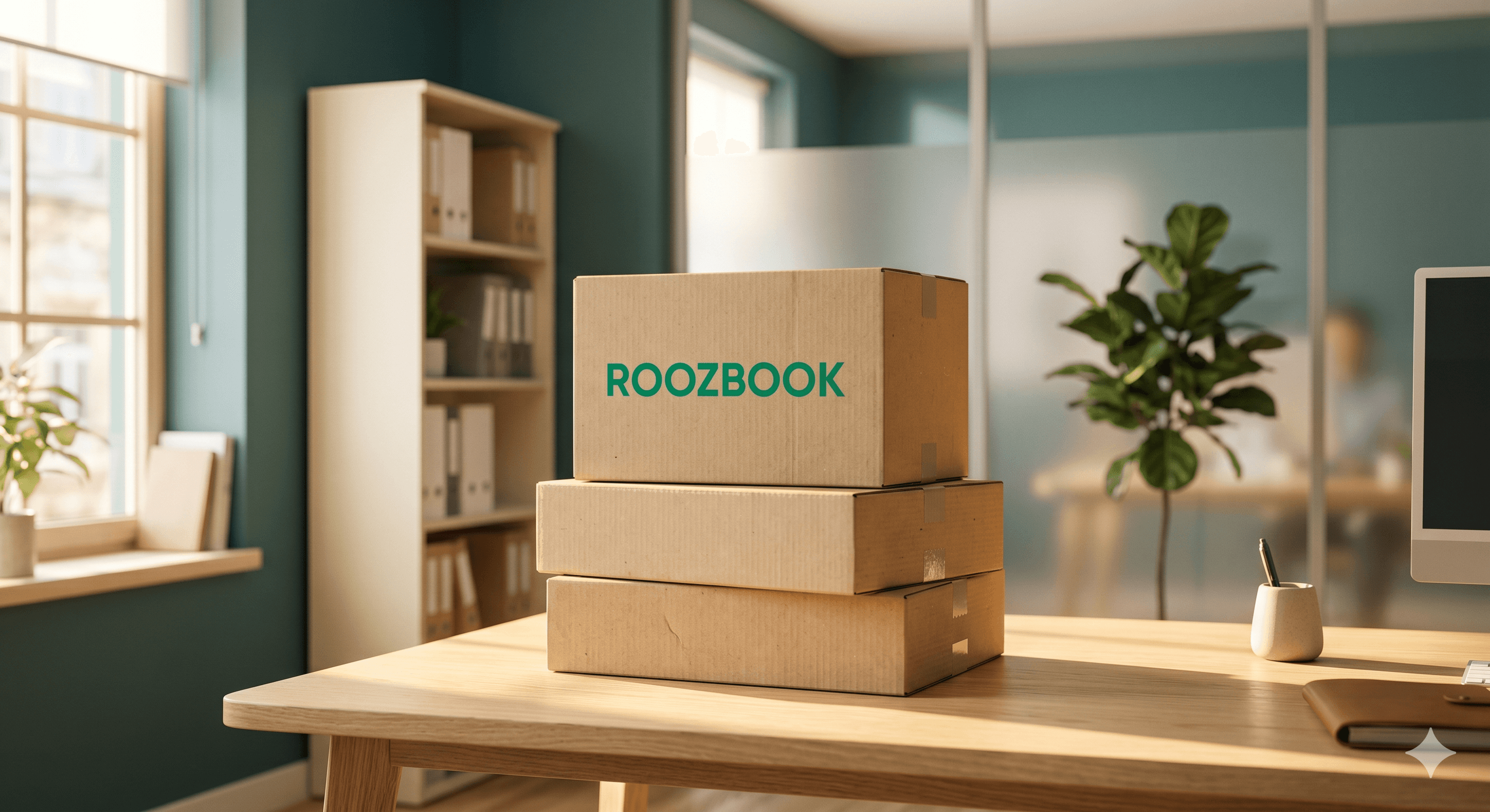Stacked RoozBook boxes in a bright, warm office