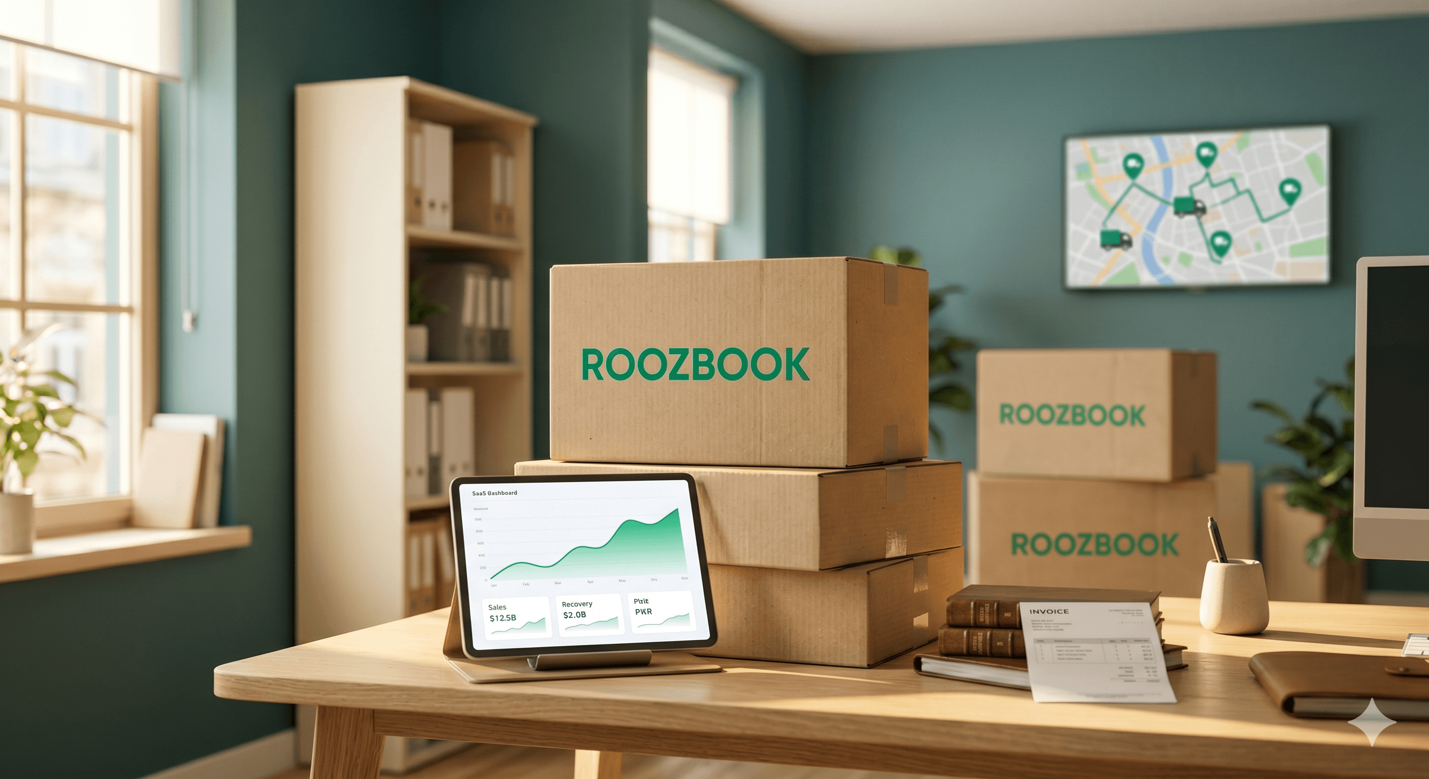 A distributor's workspace with RoozBook boxes and a tablet dashboard