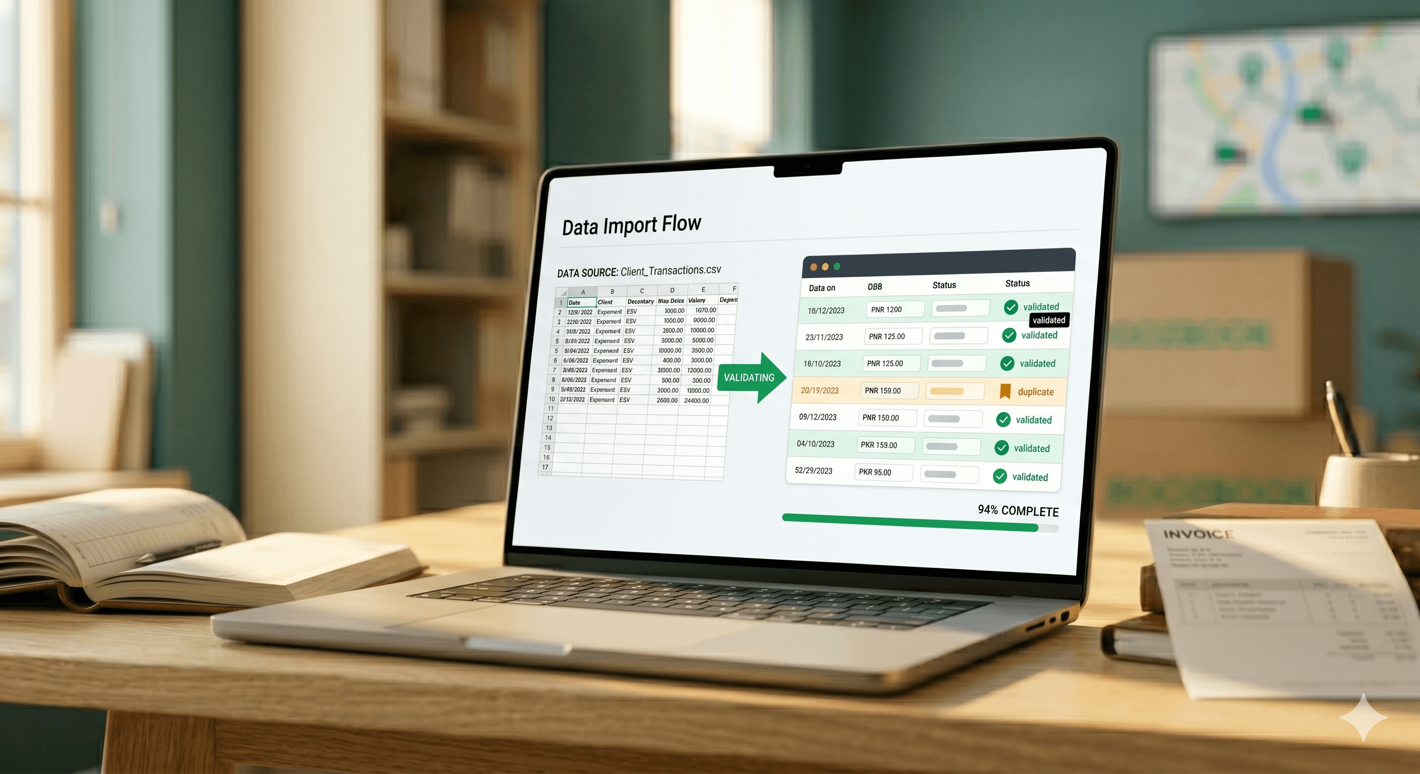 RoozBook data import flow validating customers and transactions