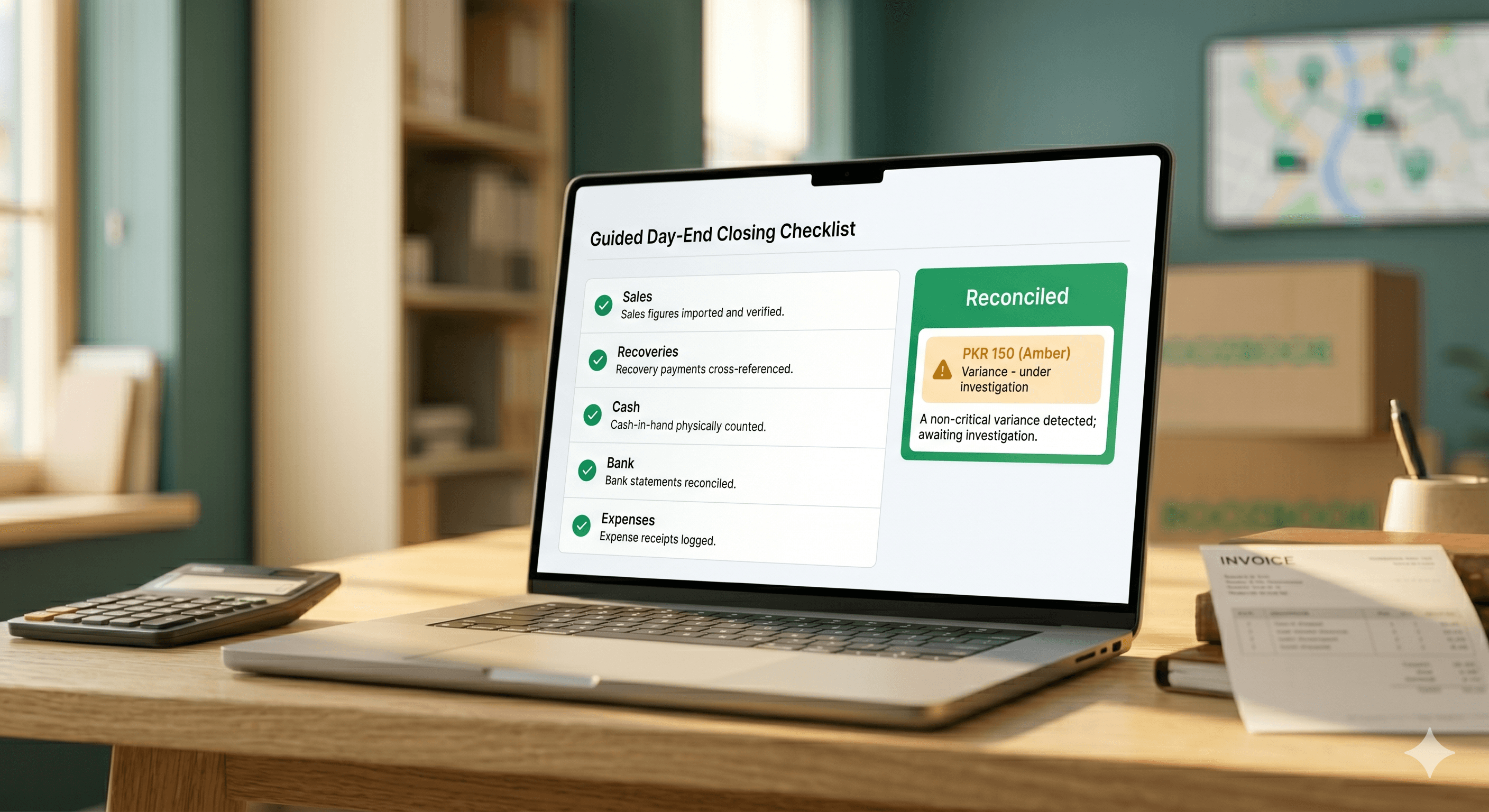 RoozBook guided day-end closing checklist with reconciliation status